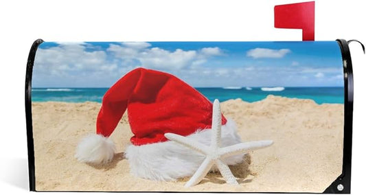 ALAZA Christmas Santa Hat on The Beach with Starfish Magnetic Mailbox Cover New Year Standard Size for Garden Yard Outdoor Decorations-18 x 20.8"
