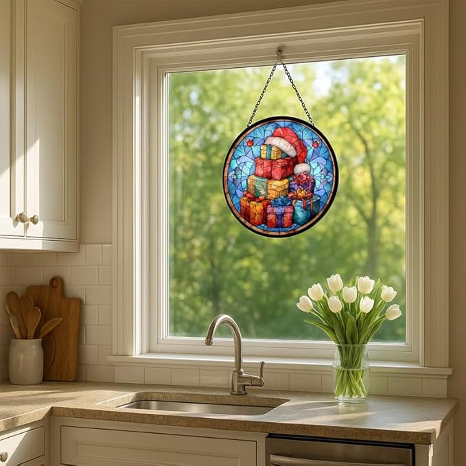 Stained Glass Window Hanging – 6.3 in Gifts with Santa Hat Panel with Chain， Bathroom Front Door Living Room Garden Decor， Gift for Mom Wife Lovers