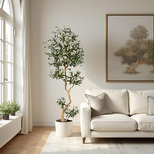 Fake Olive Tree 6.8 Feet – Artificial Plants Indoor, Faux Olive Tree, Fake Tree for Home Decor, Faux Trees Indoor for Living Room, Office, Bedroom – Tall Artificial Trees for Home, Designer Tree