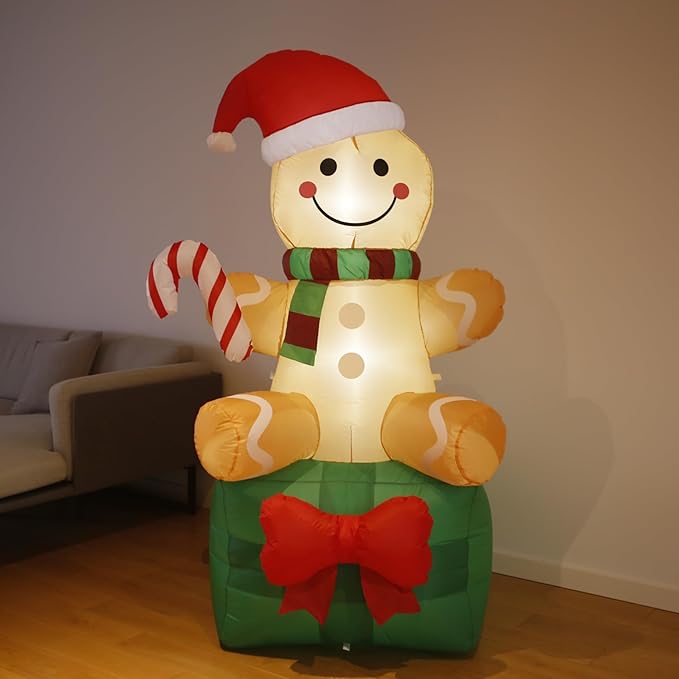Christmas Inflatable Gingerbread Man with Giant Gift Box 6 FT, Outdoor Xmas Holiday Decorations Blow Up, Inflatable Yard Decorations with Build-in LED Lights