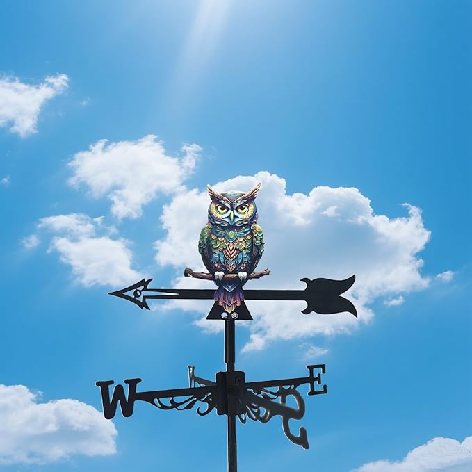 Metal Owl Wind Vane for Garden, 16 Inch Whimsical Metal Weathervane with Directional Arrows, Colorful Outdoor Roof Decor for Farmhouse Patio Yard,Outdoor Patio Roof Decoration