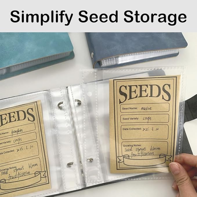 Seed Storage Organizer Binder, Leather Seed Packet Organizer with 50 Clear Pockets(25 Pack Sheet Sleeves) and 50 Pack Seed Envelopes, Garden Seed Holder Book, Plant Seed Saver, Flower Seed Keeper