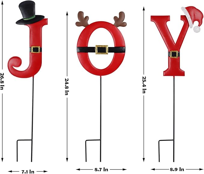 FORUP Joy Christmas Decorations - 3 Pcs Metal Garden Stakes for Outdoor Lawn Yard Decor