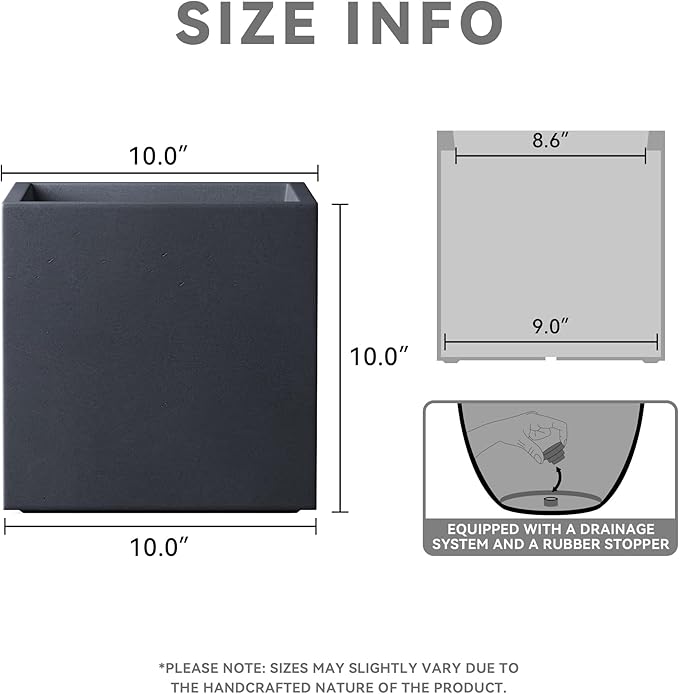 Kante 10 Inch Square Concrete Planter for Outdoor Indoor Home Patio Garden, Large Plant Pot with Drainage Hole and Rubber Plug, Charcoal