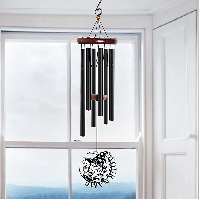 Personalized Customize Name Gnome Wind Chime, Metal Iron 37 Inch Outdoor Memorial Gift for Garden Yard Patio Home Decor, Black，Christmas (Style H)