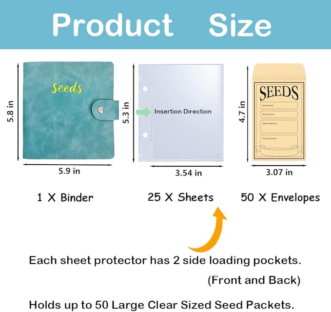 Seed Storage Organizer Binder, Leather Seed Packet Organizer with 50 Clear Pockets(25 Pack Sheet Sleeves) and 50 Pack Seed Envelopes, Garden Seed Holder Book, Plant Seed Saver, Flower Seed Keeper