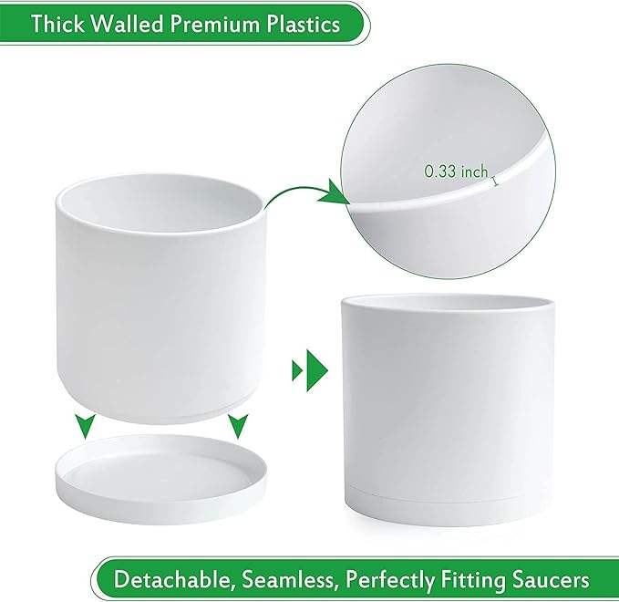 D'vine Dev 2 Pack 12 Inch Modern Plastic Plant Pots, Cylindrical Garden Planters for Plants with Drainage Holes and Saucers, White, 74-Z-P-1