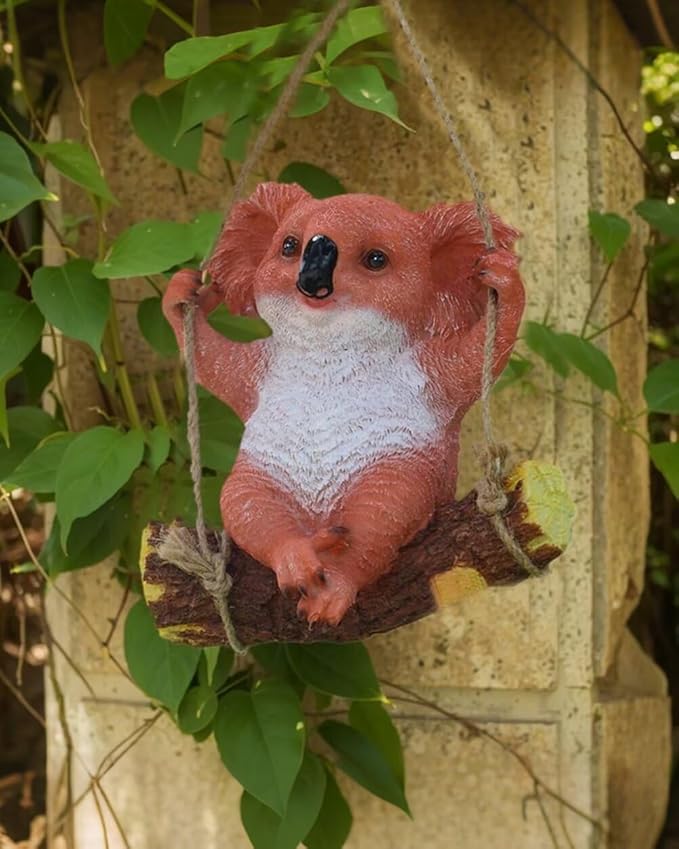 Swinging Koala Figurines Resin Garden Statues for Patio Balcony Backyard Lawn Ornaments Orange A