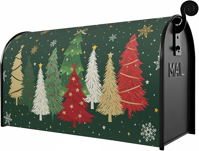 Christmas Large Mailbox Covers Magnetic Oversized Xmas Tree Print Forest Green Winter Mailbox Wraps Holiday Themed Outdoor Decorative Letter Box Cases for Home Garden Outside Decor, 25.5x21 Inch