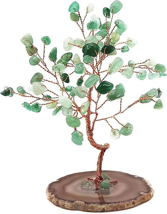 Quartz Crystal Feng Shui Money Tree Natural Agate Flakes Geode Base Bonsai Style Decoration for Luck and Wealth 3.6"- 4.6"(Green)
