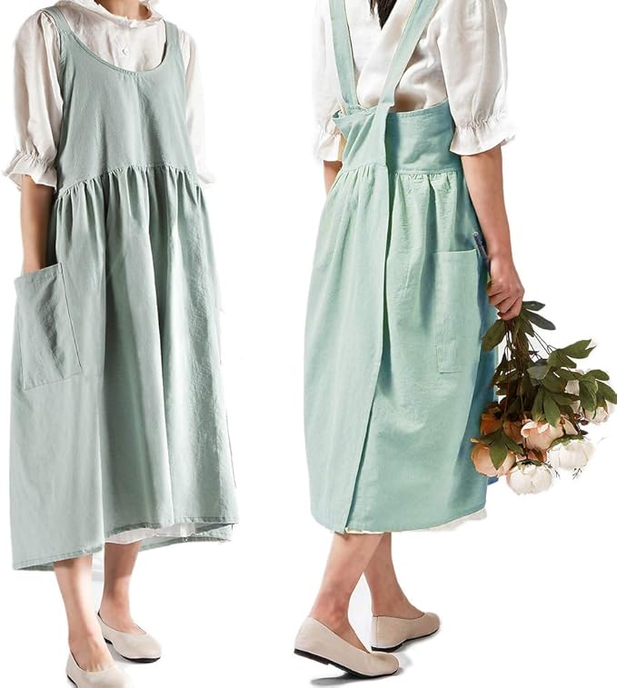 NEWGEM Cotton Linen Cross Back Apron for Women with Pockets for Cooking Gardening Turquoise without Waist Ties