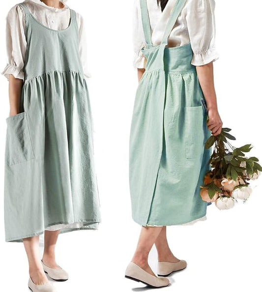 NEWGEM Cotton Linen Cross Back Apron for Women with Pockets for Cooking Gardening Turquoise without Waist Ties