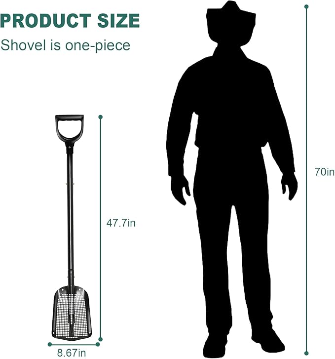 VYNTRA 47.7" Metal Sifting Shovel, Adjustable Sand Sifter for Chicken Coop, Farm Goat Stall & Garden, Beach-Heavy Duty Durable Mesh Screen for Poop Cleaning Durable Sifter Shovel Ergonomic Grip Black