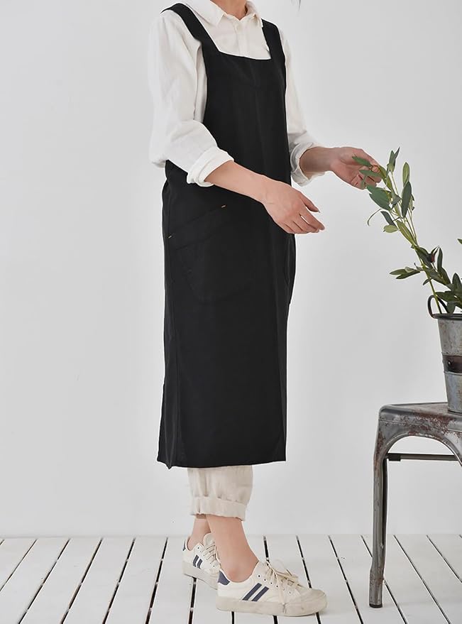 Cotton Linen Apron Cross Back Japanese Smock for Women Cooking With Pockets Pinafore Dress Kitchen Baking Gardening