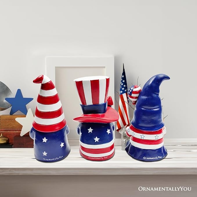 OrnamentallyYou Spring & Summer-Themed Garden Statues – Adorable Outdoor Decor for Lawn, Patio & Porch (Patriotic Gnome Trio Figurines, 6" Set of Three Garden Statues and July 4th Decoration)