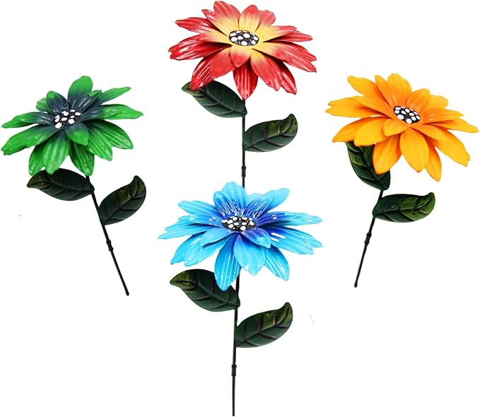 4PC Metal Flowers Outdoor Decor Stake Yard Art Decoration,Garden Metal Plant Flowers Stick Spring Patio Decor