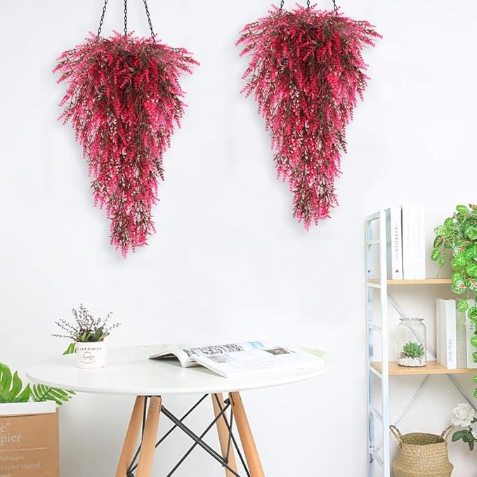 RECUTMS Artificial Hanging Plants Fake Hanging Lavender Faux UV Resistant Flowers Indoor Outside Hanging Decorations,4 Packs (Pink)
