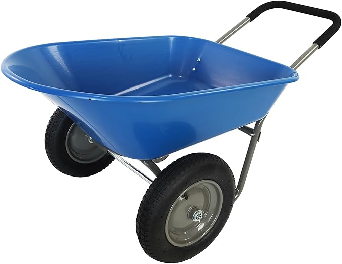 Red Metal Wheelbarrow, Easy Loading and Dumping Garden Cart with Steel Tray, Durable Heavy Duty Utility Trolley for Transporting, Soil, Sand (Blue, 15 inch Inflation 2 Wheels)