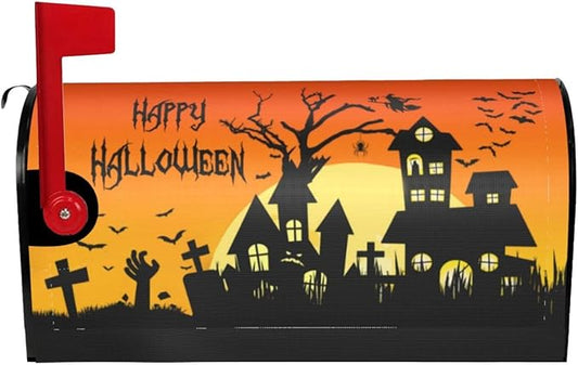 Halloween Castle Mailbox Covers, Moon Bat 25.5x21 Inch Magnetic Mailbox Covers, Large Size Orange Waterproof Mailbox Wrap Post Letter Box Cover Mailbox Post Cover for Garden Yard House Decor