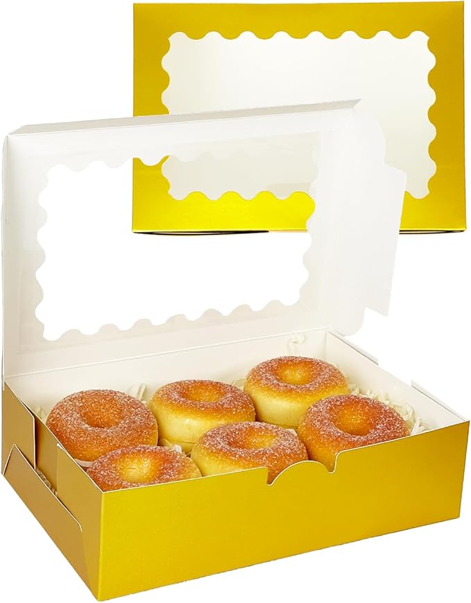 qiqee 50Pcs Gold Cookie Box with Window 9x6x2.5 inch Pastry Macaron Bakery Box For Packaging