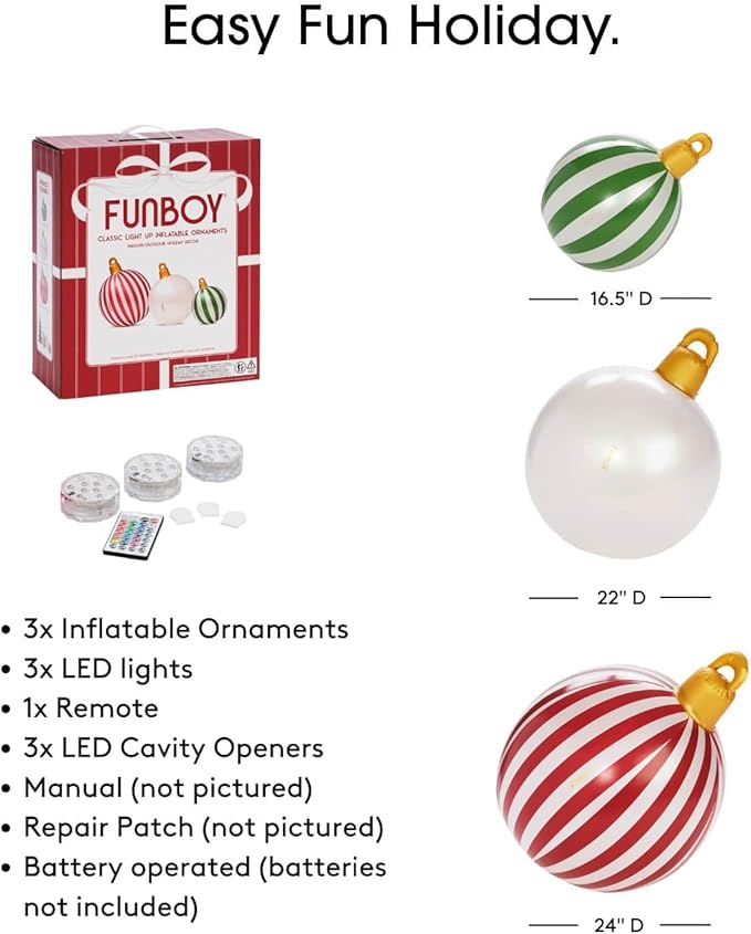 FUNBOY Giant Inflatable Light-Up Classic Christmas Ornaments, 3 Giant Sizes 24'', 22'' and 16.5'' Indoor/Outdoor (3 Pack)