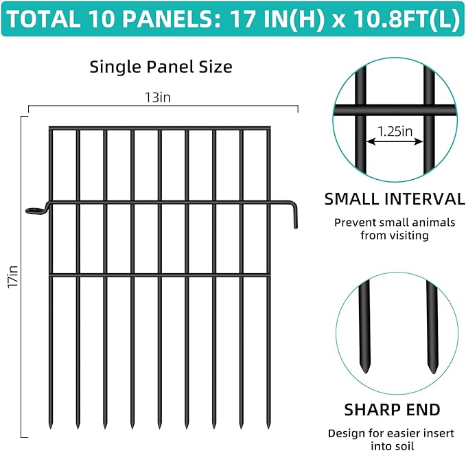Animal Barrier Fence, 10 Panels No Dig Fences, 17in(H) X 10.8ft(L) Garden Fence Animal Barrier for Rabbits and Dog Under Fencing Barrier, Rustproof Metal Fences Border for Outdoor, Yard, Patio