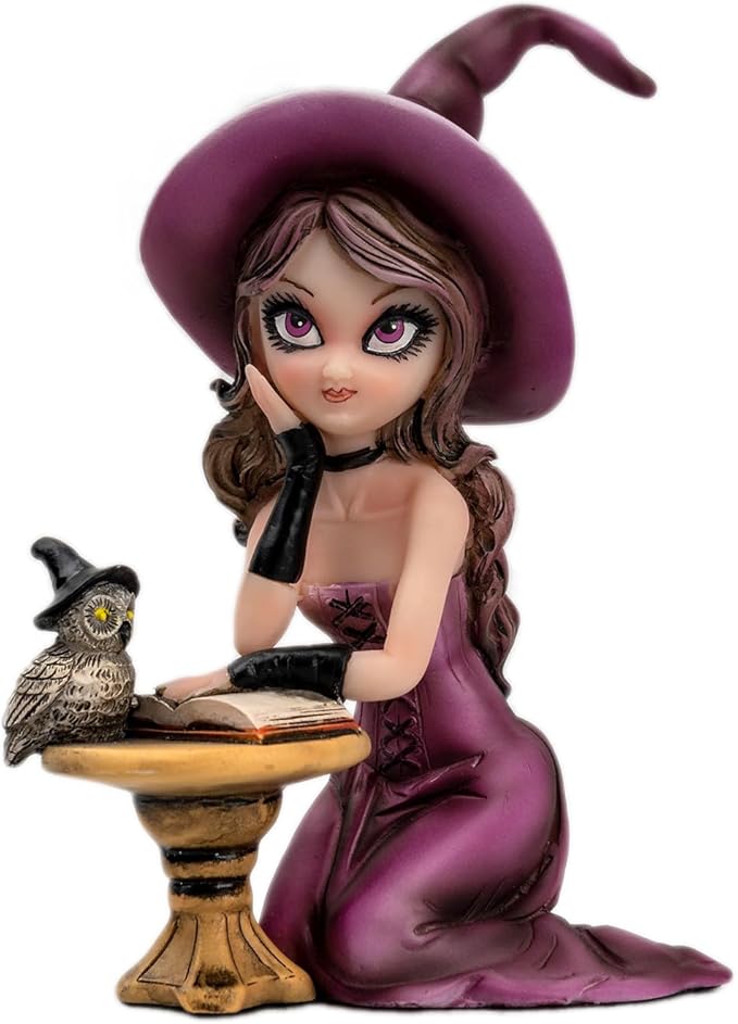 Mystical Purple Witch Resin Statue with Owl & Book Halloween Décor, Witchcraft Collectible, Unique Home & Office Decoration