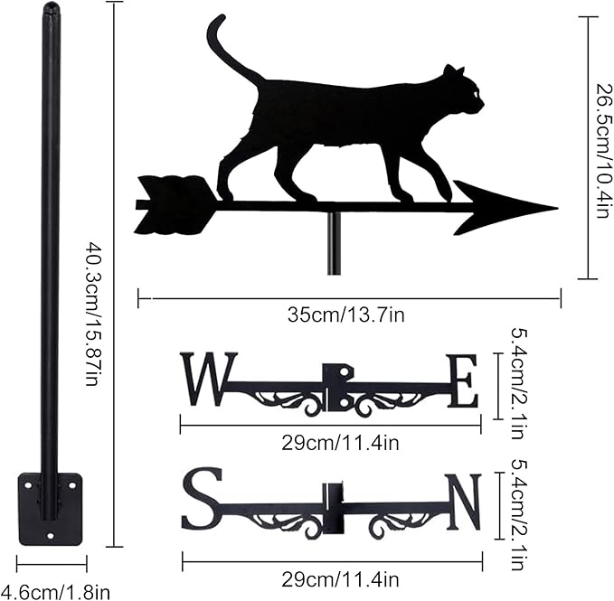 Metal Roof Black Cat Weathervane Durable Animals Ornament Wind Vane Wind Measuring Tool Weathercock for Garden Decoration Outdoor Farmhouse Farm Barn Sheds Patio Halloween