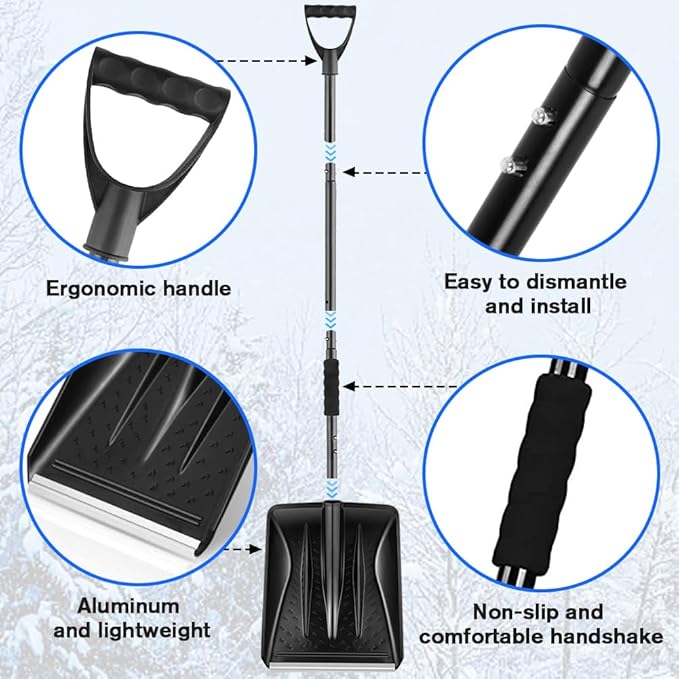 Snow Shovel, Emergency Shovels for Driveway with D-Handle, Overall 41-Inch Long Garden Shovel for Car, Garden Tools, Black
