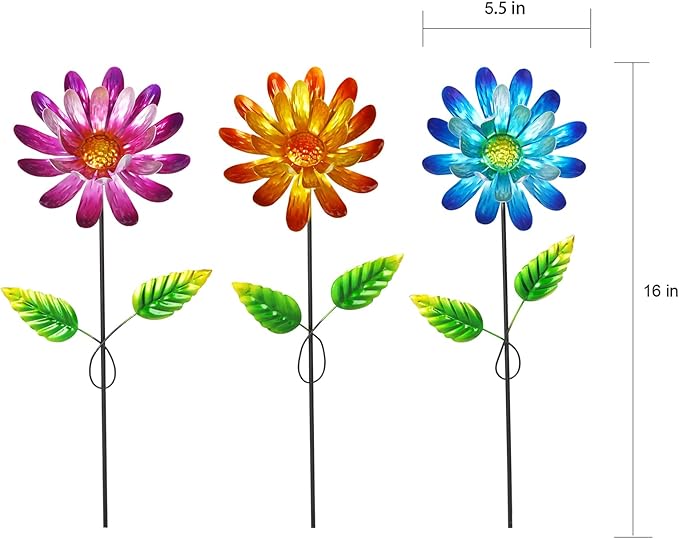 Metal Flower Garden Stake for Outside, 3 Pcs 16" H Outdoor Garden Stakes Decor, Yard Outdoor Ornaments for Patio, Lawn, Patio(Yellow & Purple & Blue)