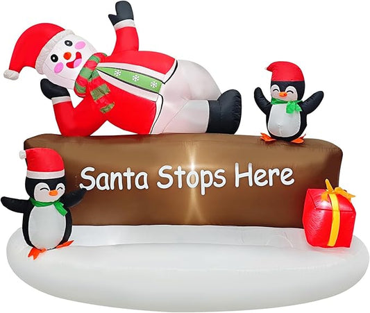 Christmas Inflatable Snowman with Penguins Decotation Blow Up 6FT Snow Man “Santa Stops Here” Sign Holiday Yard Decoration Gift Box, Perfect for Outdoor Lawn, Garden, or Front Porch Oranments Display