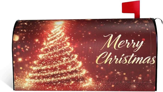 Festive Magnetic Mailbox Cover Red Pine Tree Christmas Pattern Outdoor Mailbox Protector Holiday Seasonal Decorative Garden Yard Home Standard Size 21 x 18 Inch