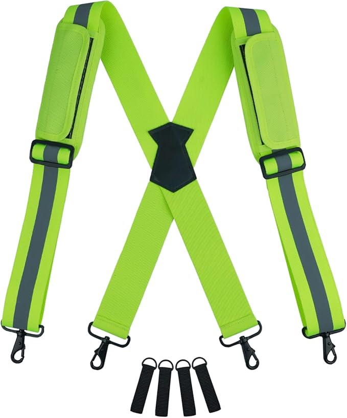 KUNN Hi-Vis Tool Belt Suspenders Heavy Duty Reflective Safety Work Suspender with Removed Padded Shoulder,4Pcs Tool Belt Loops