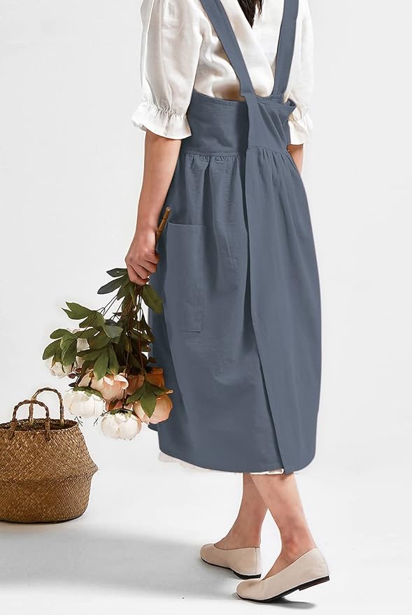 NEWGEM Cotton Linen Cross Back Apron for Women with Pockets Cute Japanese Korean Style Pinafore Dress Blue Grey