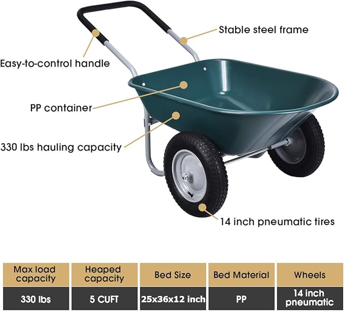 Goplus Dual Wheel Wheelbarrow, Heavy Duty Garden Cart, 330 lbs Capacity Utility Cart with Two 13 inches Pneumatic Tires for Outdoor Lawn Yard Farm Ranch