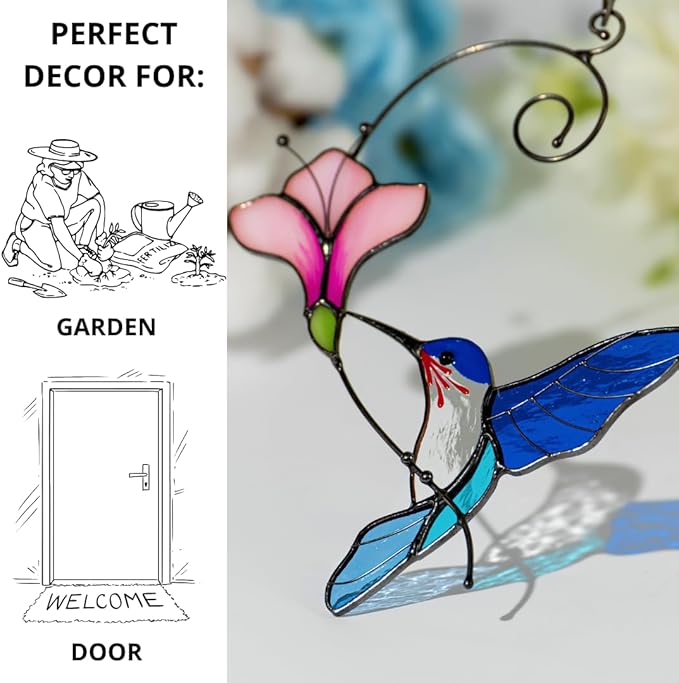 Multicolor Hummingbird Handmade Stained Glass Suncatcher Genuine Stained Glass Window Hangings Unique Indoor Ornament & Outdoor Decor (Blue Hummingbird)