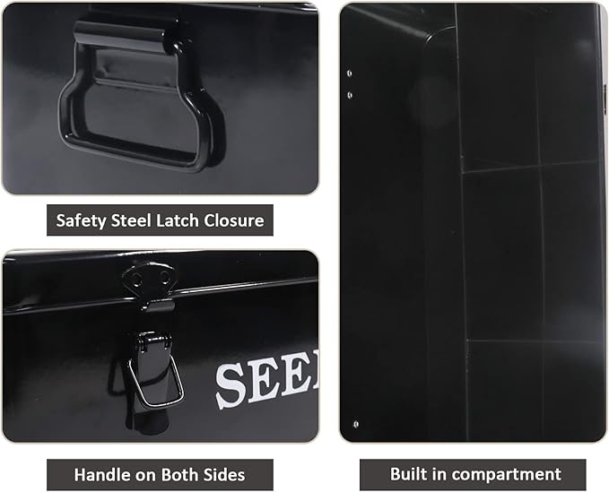 Seed Saving Box, Metal Seed Bin, Seed Storage Organizer, Seed Packet Container with Lid, Seed Envelope Storage Box, 4 Compartments Garden Seed Bin with Safety Locks-Black