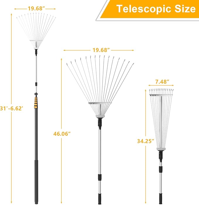FIXM Telescoping Roof and Yard Rake 7-31 FT, Dual Use to Clean Leaves, Branches and Debris for Roofs/Lawn