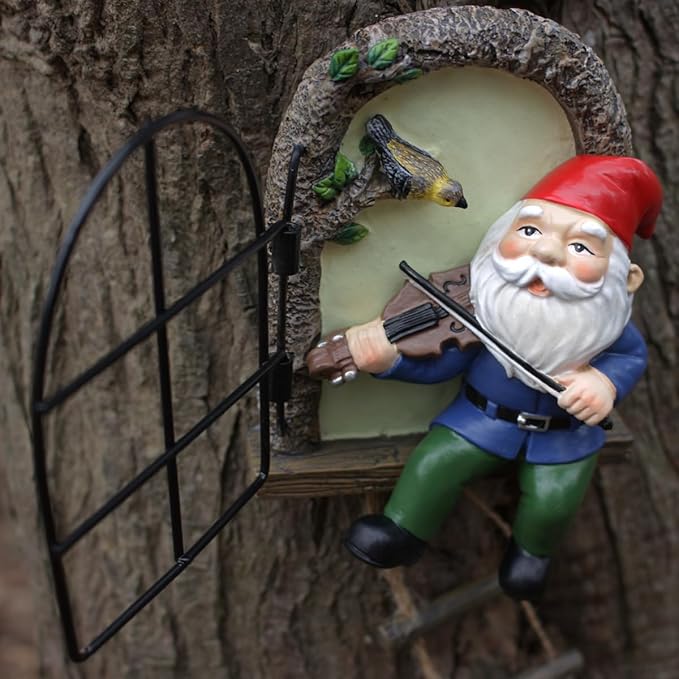 Garden Gnome Window Statue for Trees and Wall, Dwarf Playing Violin Luminous Fairy Garden Miniature Accessories, Glow in The Dark Art Sculpture