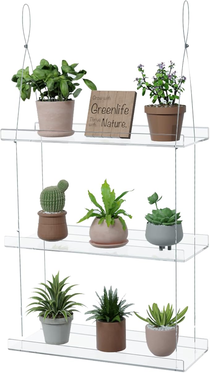 3-Tier Acrylic Window Plant Shelf, 16 Inch Wide Adjustable Hanging Shelf for Succulents, Seed Starters, Herbs, Microgreens