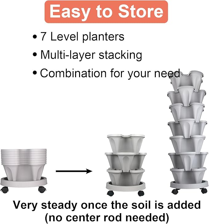 GameXcel Vertical Planter 7 Tier Stackable Planters Garden Planters Strawberry Herb Flower and Vegetable Planter Indoor Outdoor Gardening Pots with Removable Wheels and Tools