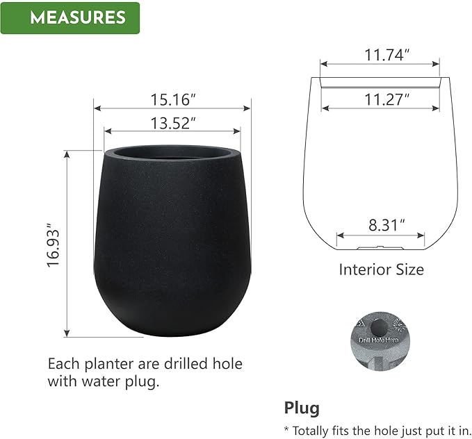 16.9" H Resin Tall Planters for Outdoor Plants,Modern Black Round Tapered Plastic Flower Pot for Outdoor and Indoor Plants, Large Plant Pots with Drainage Holes and Rubber Plug for Home Garden Patio