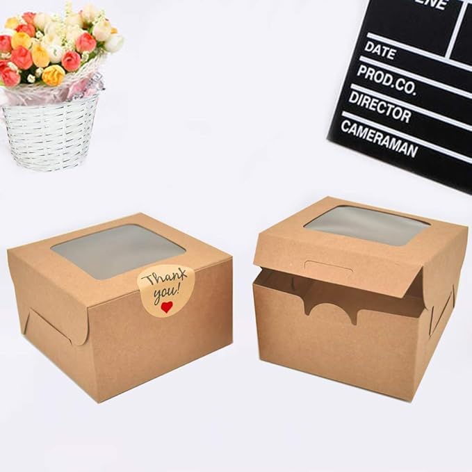 LINSHRY 50 Pack Brown Bakery Boxes, 4x4x2.5 Inches Small Pastry Treat Boxes with Window Gift Packaging Boxes for Cookies, Pastries, Mini Cakes, Donut, Pie Slice, Stickers Included