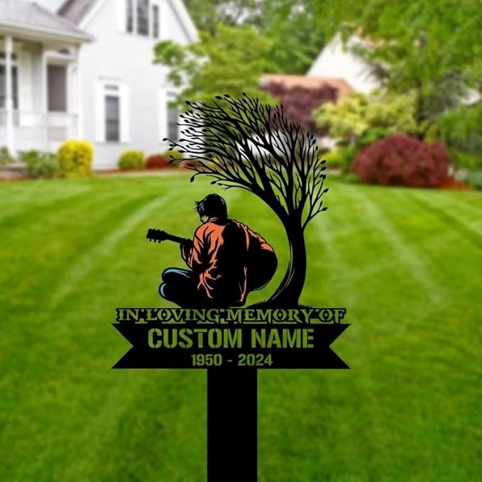 Custom Guitarist Memorial Metal Stake – Personalized Artist Grave Marker, Musician Garden Stake, Yard Outdoor Decor (Man Playing Guitar Memorial)