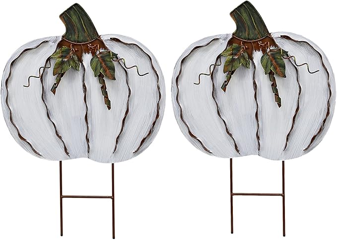 Veclotch 2set Pumpkin Garden Stake Metal Yard Sign Fall Decor, Decorative Decor Outdoor Stakes for Autumn Harvest Thanksgiving Halloween Rustic Decoration Home (White, 17''H)