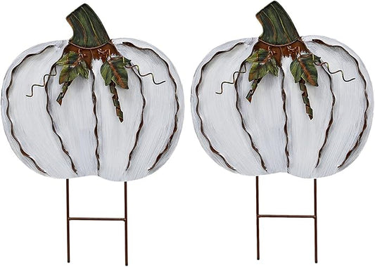 Veclotch 2set Pumpkin Garden Stake Metal Yard Sign Fall Decor, Decorative Decor Outdoor Stakes for Autumn Harvest Thanksgiving Halloween Rustic Decoration Home (White, 17''H)