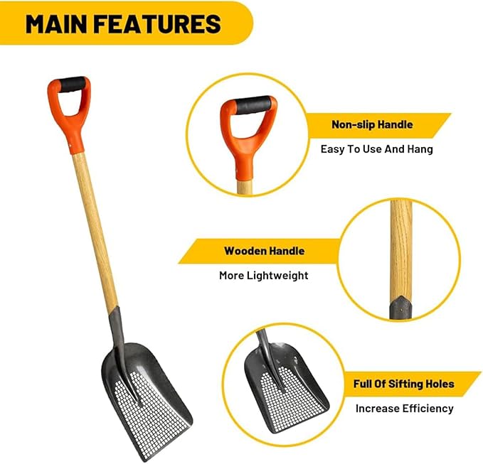 Sifting Scoop Shovel Steel Sand Sifter Treasure Shovel Digger Sifter for Farm Chicken Coop Goat Stall Sand Poop Cleaning, and Beach Digging Fun