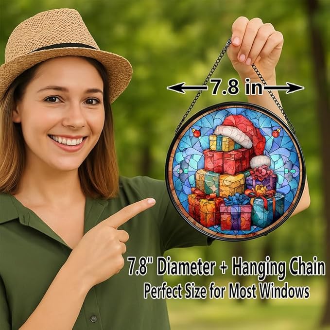 Stained Glass Window Hanging – 7.8 in Gifts with Santa Hat Panel with Chain， Bathroom Front Door Living Room Garden Decor， Gift for Mom Wife Lovers