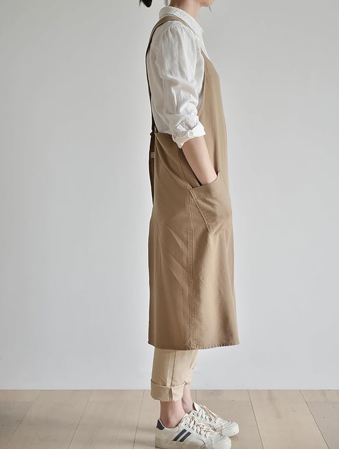 Cotton Linen Apron Cross Back Japanese Smock for Women Cooking With Pockets Pinafore Dress Kitchen Baking Gardening
