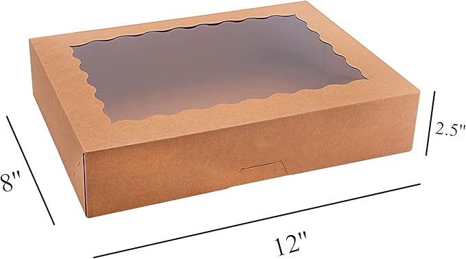 20-Pack Bakery Boxes with Window, 12" x 8" x 2.5" Cookie Boxes, Treat Boxes, Large Donut Boxes for Muffins and Pastries (Brown)